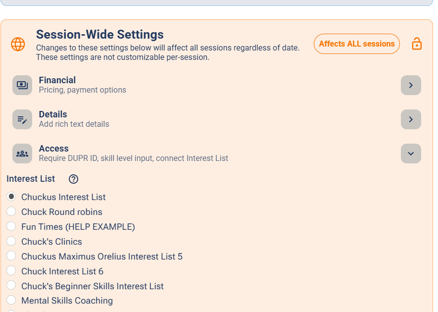 The session editor's Access section expanded, showing an Interest List radio selector with the host's lists.