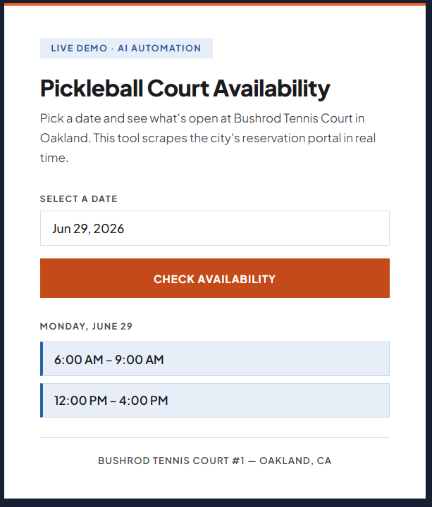 The Live Court availability tool showing a date picker, a Check Availability button, and the open time blocks returned for the selected day
