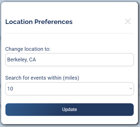 The Location Preferences popup with a Change location to field, a Search for events within (miles) dropdown, and an Update button