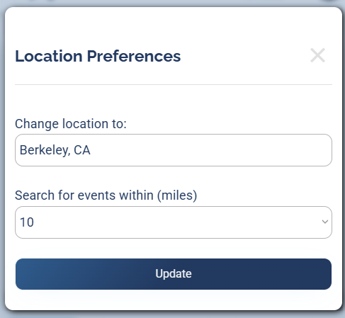 The Location Preferences window with a Change location to field, a Search for events within (miles) dropdown, and an Update button.