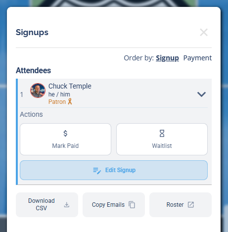 The expanded Actions menu for a player, showing the Mark Paid and Waitlist buttons