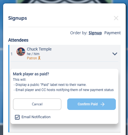 The Mark player as paid confirmation box with an Email Notification checkbox, a Cancel button, and a Confirm Paid button