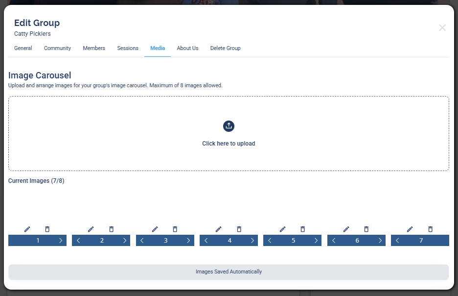 The Edit Group screen, Media tab, showing the Image Carousel uploader and the current images.