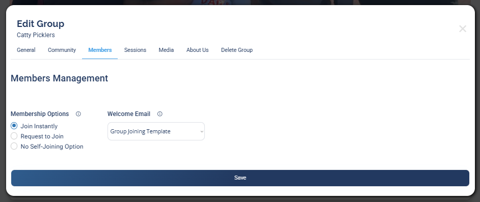 The Edit Group screen, Members tab, showing Membership Options and the Welcome Email template selector.