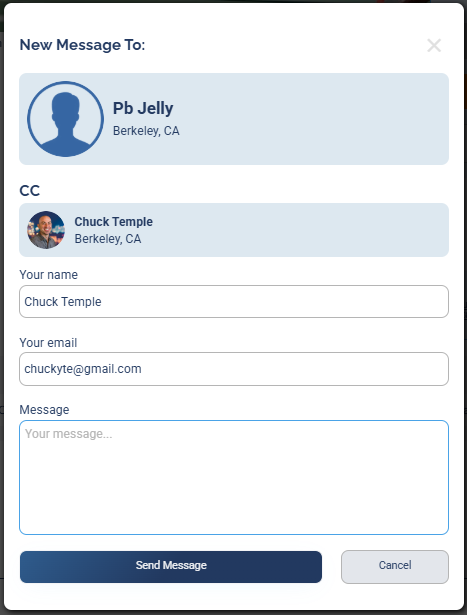 The New Message popup addressed to the main host, with the sub-host CC'd, and fields for your name, email, and message
