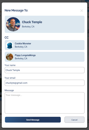 The New Message window with the Main Host in the To field and the Sub-Hosts listed in the CC field.