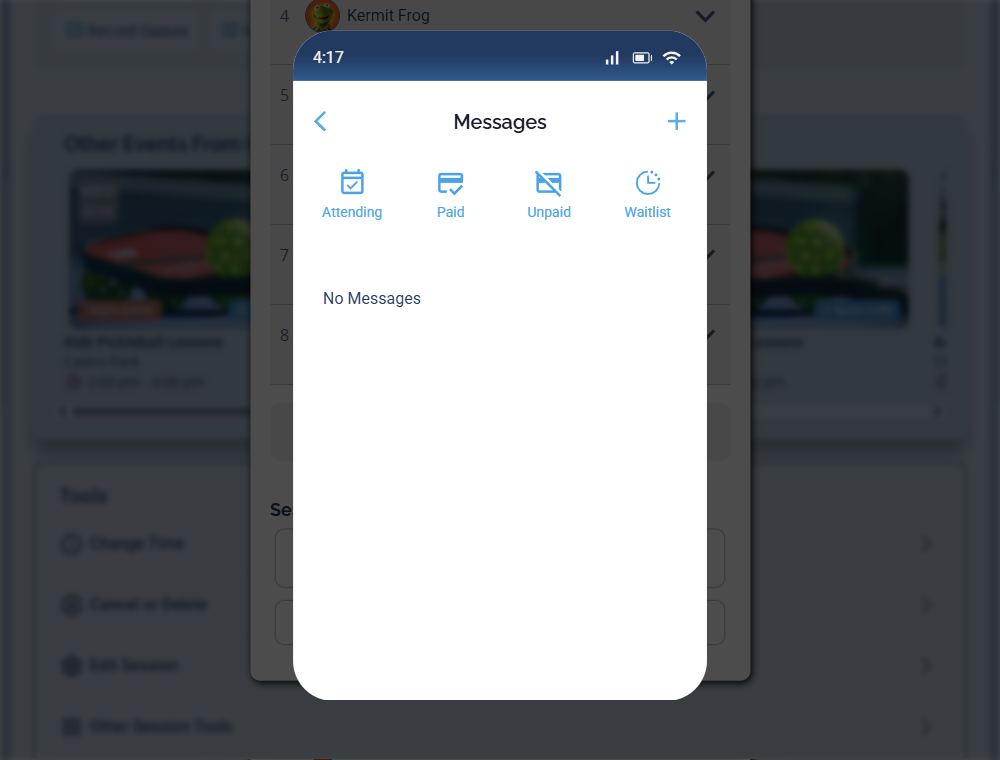 The Messages popup with the group tabs across the top, an empty message list, and the plus icon in the top-right