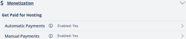 The Monetization section showing Automatic Payments and Manual Payments, each marked Enabled