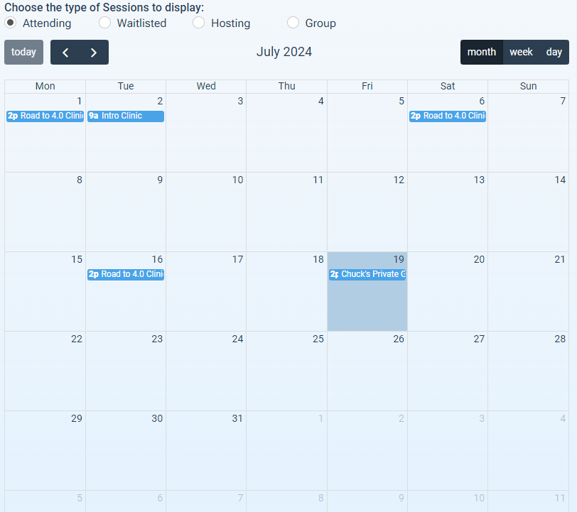 The My Calendar view showing the Attending, Waitlisted, Hosting, and Group filters, a month/week/day toggle, today and arrow controls, and a calendar with sessions plotted across the month