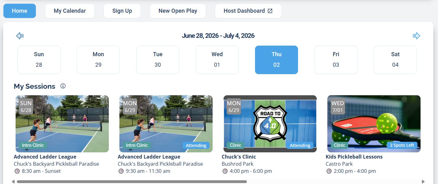 The Home page showing the weekly day picker at top and a My Sessions row of session cards below, each card showing the day, session name, venue, and time
