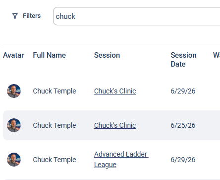 The Signups console filtered by the name "chuck", showing only that player's signups across multiple sessions