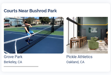 The Courts Near section showing horizontally scrollable cards of nearby venues, each with a photo, name, and city