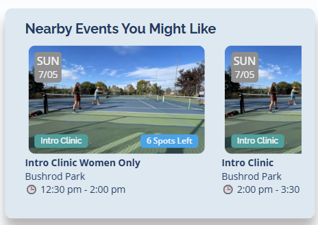 The Nearby Events You Might Like section showing session cards with a date badge, session type, spots-left count, name, venue, and time