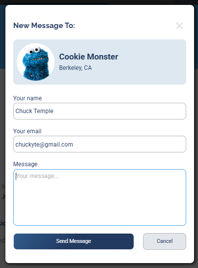 The New Message To window, with the recipient at the top and Your name, Your email, and Message fields above a Send Message button.
