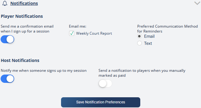 The Notifications section showing Player Notifications and Host Notifications toggles