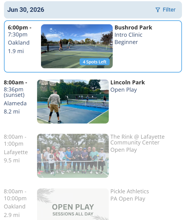 The DailyPB schedule showing multiple Open Play sessions across different venues on one day, including sunset-timed and all-day Open Play.