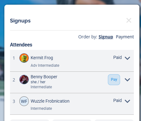 The Attendees list showing two players marked Paid and one player with a blue Pay button next to their name