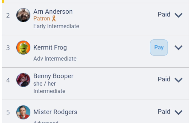 A Signups list where one player, Kermit Frog, has a blue Pay button next to his name while the other players show a Paid label