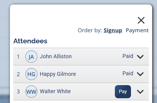 The Attendees list with a Pay button next to an unpaid attendee.