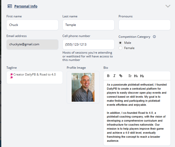 The Personal Info section showing First name, Last name, Pronouns, Email address, Cell phone number, Competition Category, Tagline, Profile Image, and Bio fields