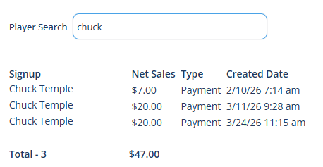 The Player Search field filtering the transaction list to a single player's payments, with a running total