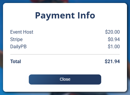 Payment Info breakdown showing Event Host $20.00, Stripe $0.94, DailyPB $1.00, and Total $21.94