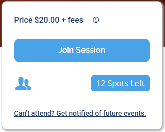 Session card showing "Price $20.00 + fees" with an info icon and a Join Session button