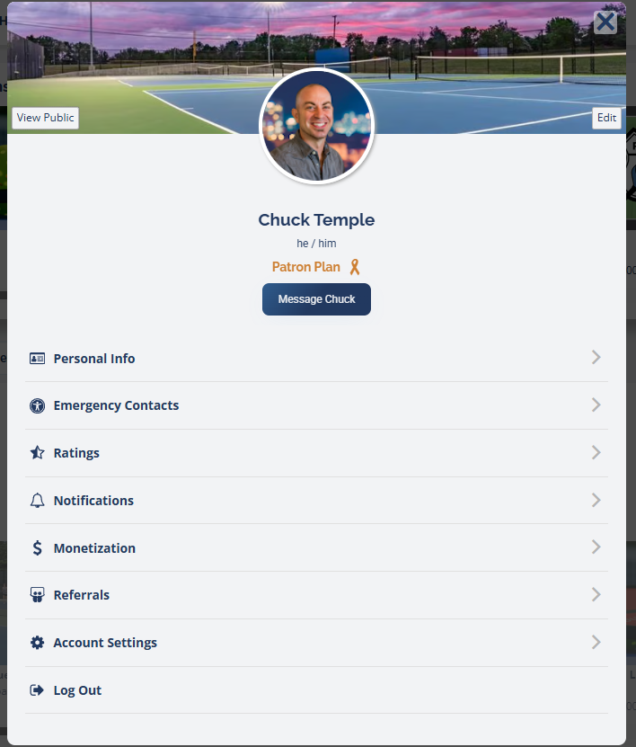 The full profile panel: header with your photo and name, then the Personal Info, Emergency Contacts, Ratings, Notifications, Monetization, Referrals, Account Settings, and Log Out sections