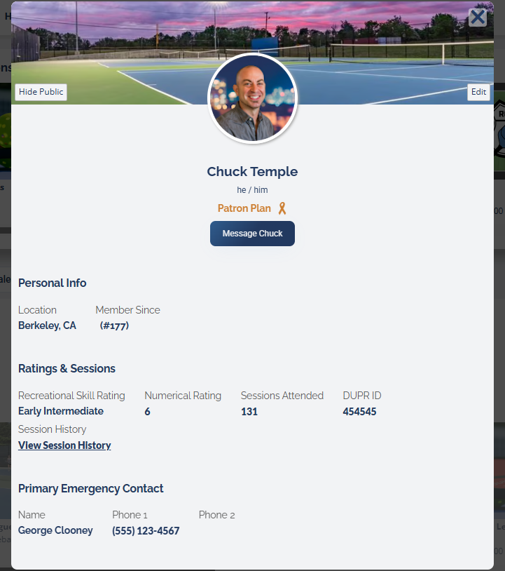 The public view of a profile showing location, member number, ratings and sessions, and primary emergency contact