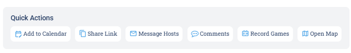 The Quick Actions row on a session, showing Add to Calendar, Share Link, Message Hosts, Comments, Record Games, and Open Map.