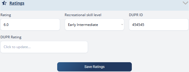 The Ratings section with Rating, Recreational skill level, DUPR ID, and DUPR Rating fields