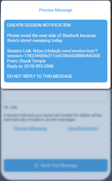 The Preview Message screen showing the full text that will go out: the DailyPB Session Notification header, the message body, the session link, the From name, and the Reply to number