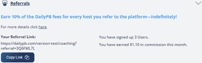 The Referrals section showing the referral link, a Copy Link button, and the count of users signed up and commission earned