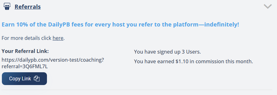 The Referrals section of the profile, showing the 10% earnings message, the referral link with a Copy Link button, and your referral count and commission for the month.