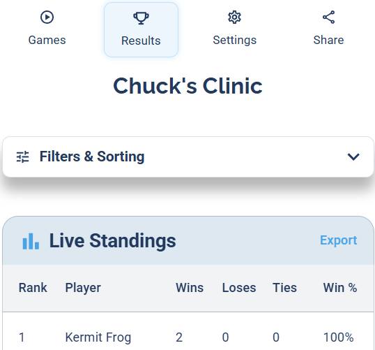 The Results tab showing the Filters and Sorting panel above the Live Standings