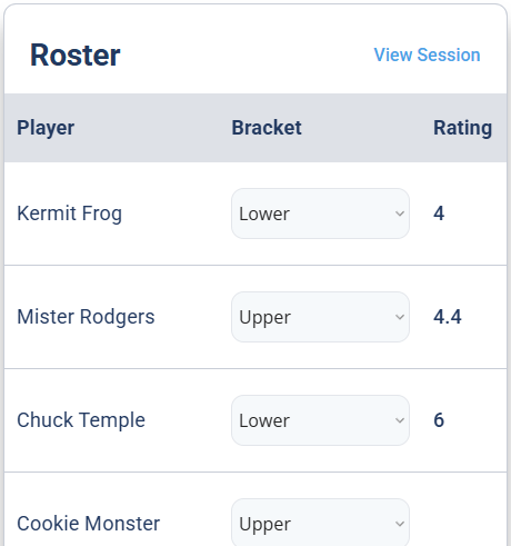 The Flex Play Roster with each player assigned to a Lower or Upper bracket, alongside their rating, and a View Session link