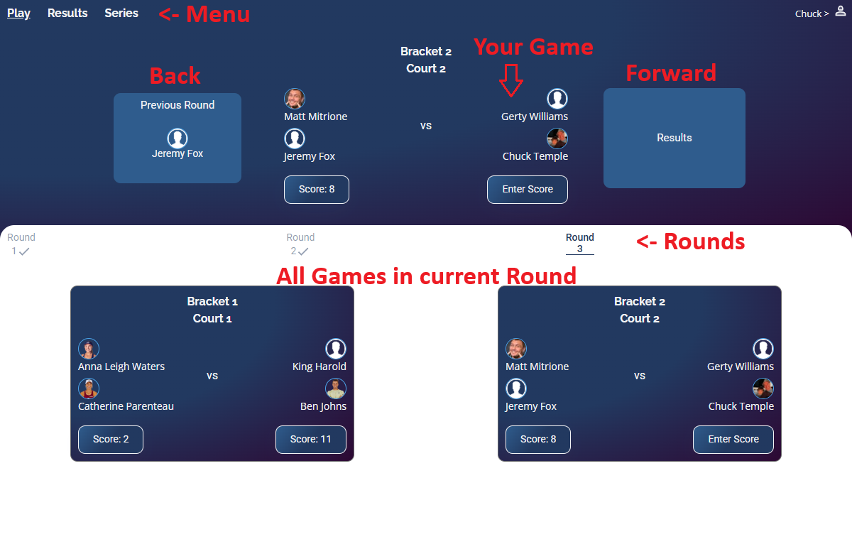 Round Robin Play Interface showing menu, Your Game, rounds, and all games in current round
