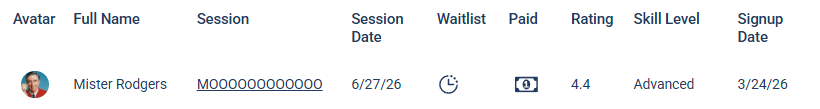 A signup row showing the waitlist clock icon and the dollar-bill paid icon alongside the rating and skill level