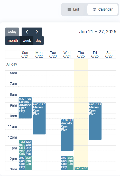 The venue schedule in Calendar view showing sessions in a week-view time grid with month, week, and day toggles and the current day highlighted