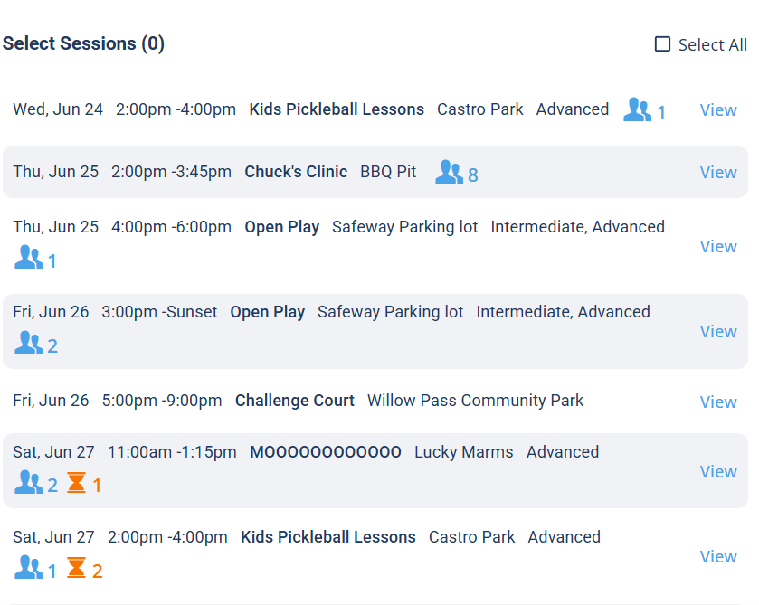 The Select Sessions list with a checkbox and View link on each session row, and a Select All option at the top