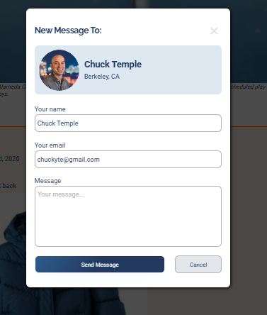 The "New Message To" form a player uses to message the announcement's poster, with name, email, and message fields