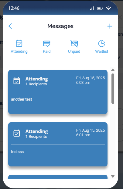 The Messages popup showing the list of sent messages with their groups and timestamps
