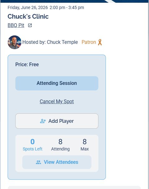 The session page showing the Attending Session box with the Cancel My Spot link below it