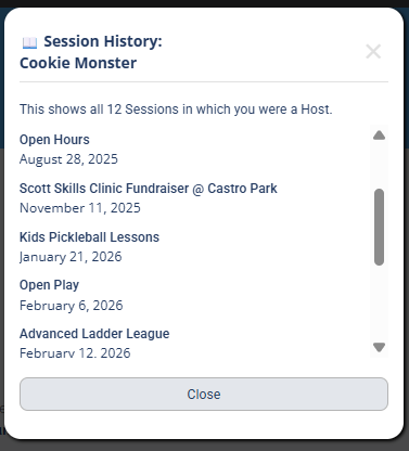 The Session History popup showing the count of sessions where you were the host and a scrollable list of session names and dates.
