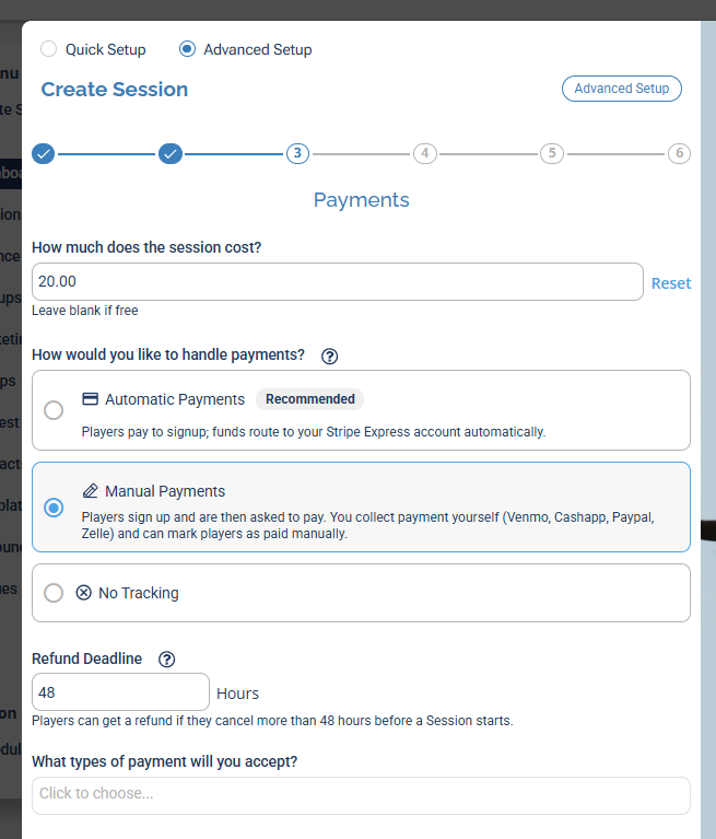 The Payments step in Advanced Setup with a $20 session fee entered, Manual Payments selected, and a "What types of payment will you accept?" field below
