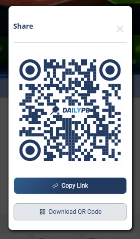 The Share window for a session, showing a large QR code, a Copy Link button, and a Download QR Code button.