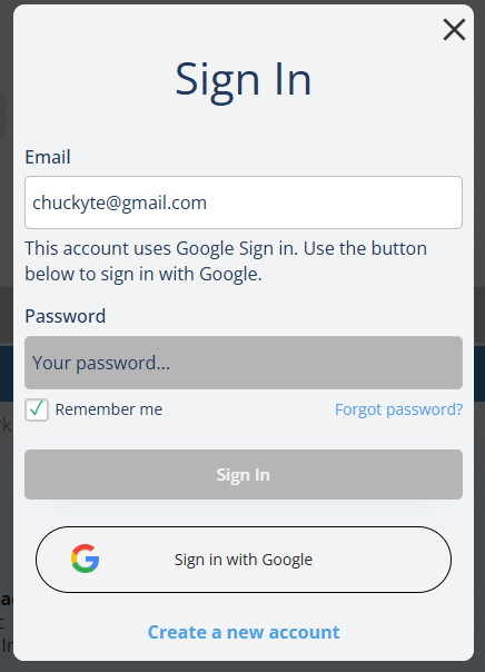 The DailyPB Sign In window showing the message "This account uses Google Sign in," with the Forgot password? link, Sign in with Google button, and Create a new account link.