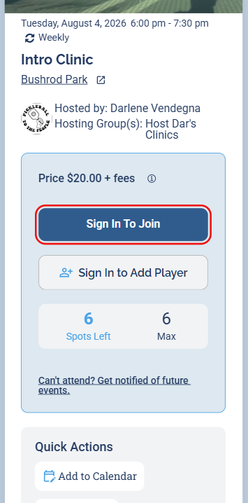 The session details when logged out, with the Sign In To Join button highlighted.