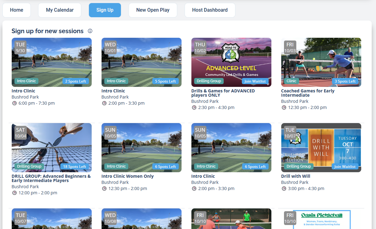 The signup section listing public sessions that have signups enabled.