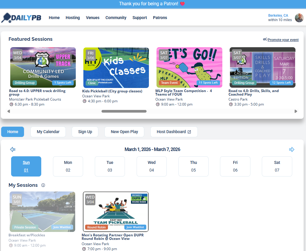 DailyPB today: featured sessions, weekly calendar, round robins, team events, and full session management.